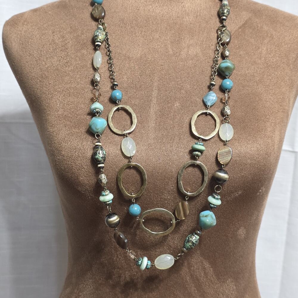 Convertible Multi Strand Beaded Necklace Turquoise Bronze Tone 2 Ways to Wear